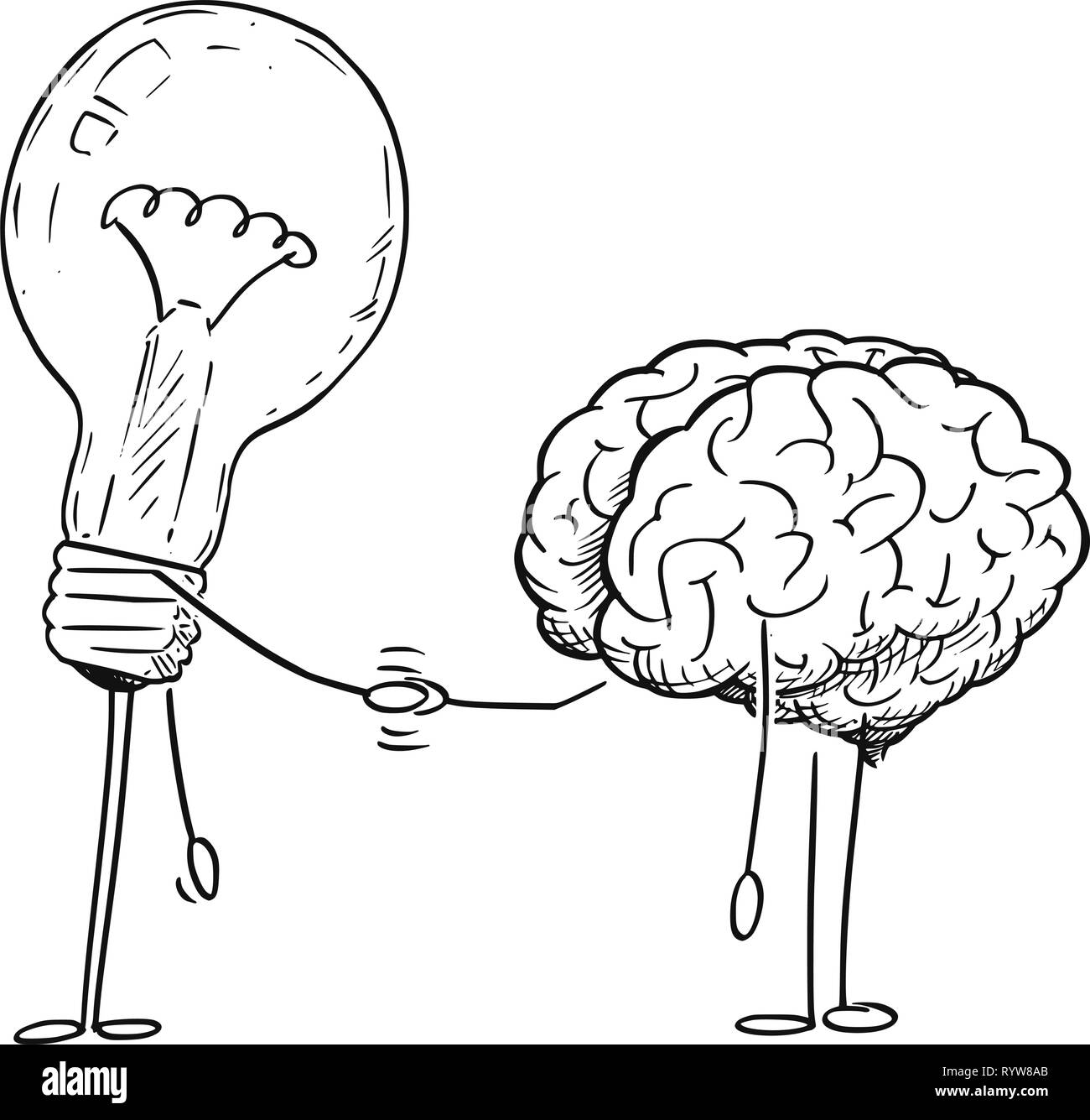 Cartoon Drawing of Brain and Lightbulb Characters Shaking Hands Stock Vector