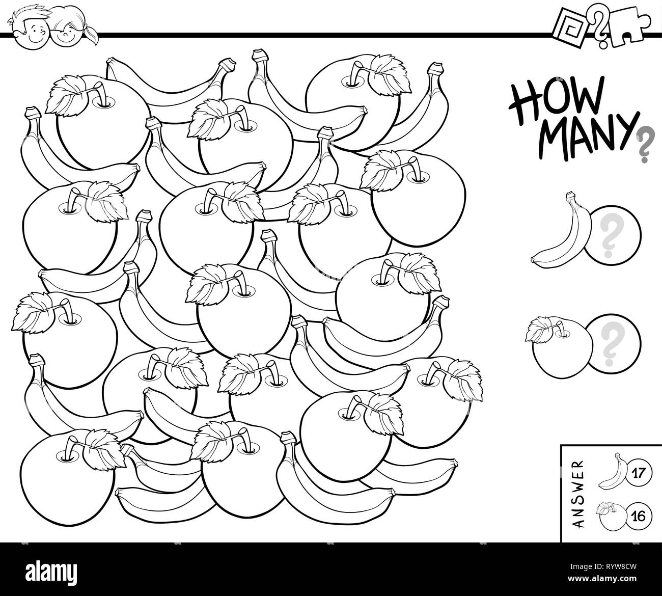 Black and White Illustration of Educational Counting Task for Children with Apples and Bananas Coloring Book Stock Vector