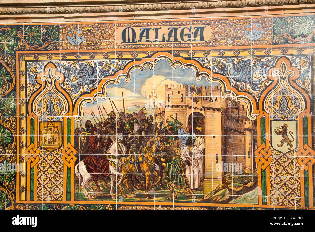 Malaga Sign; Plaza de Espana Square; Seville; Spain Stock Photo