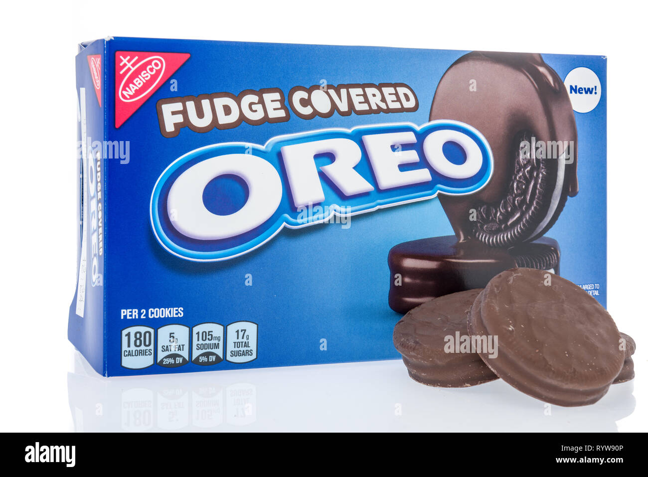 Winneconne, WI - 10 March 2019: A package of  Oreo fudge covered cookies on an isolated background Stock Photo