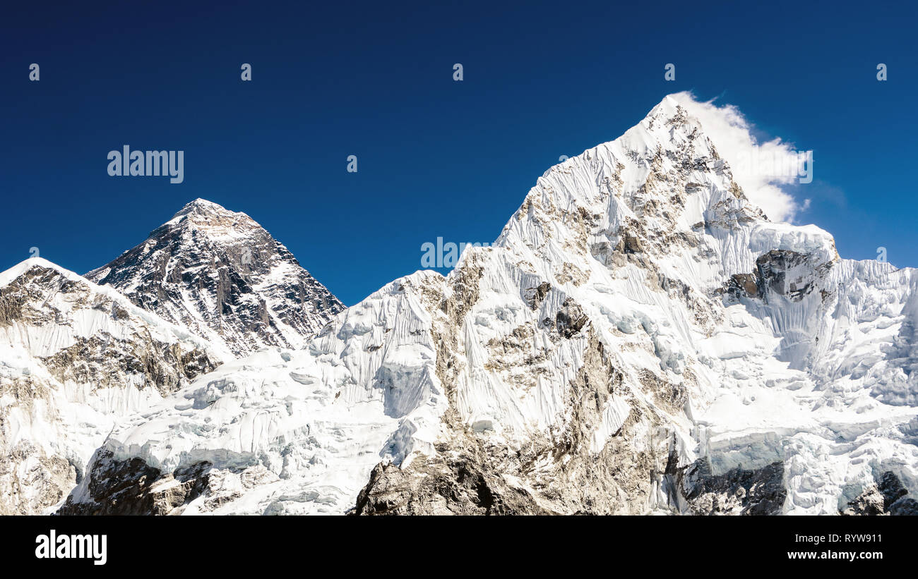 Mount Everest and Nuptse peak, Khumbu valley, Sagarmatha National Park, Nepal Stock Photo