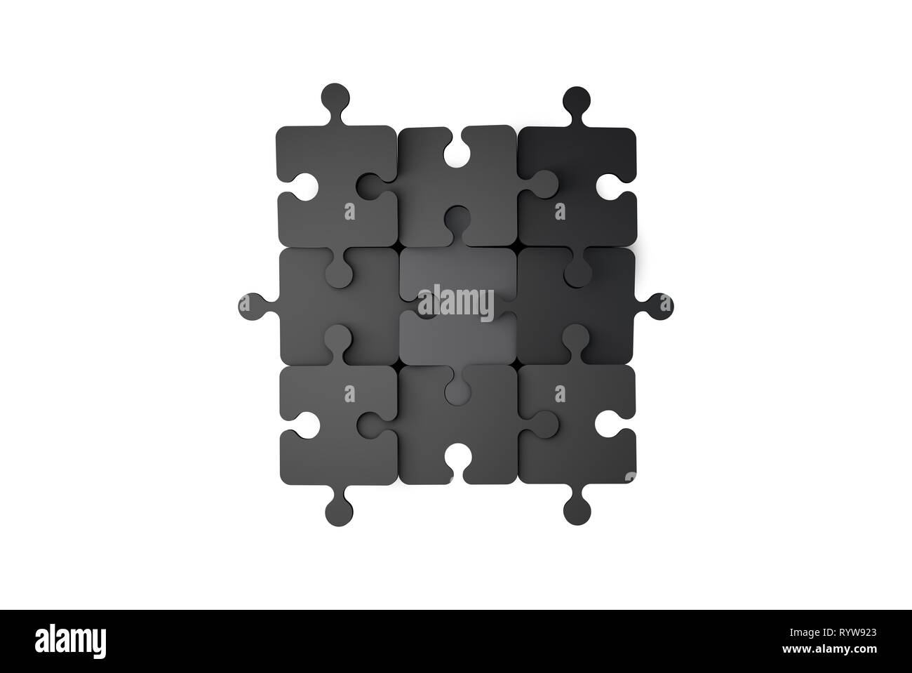 Top view of black puzzle pieces 3x3 isolated on white background Stock ...