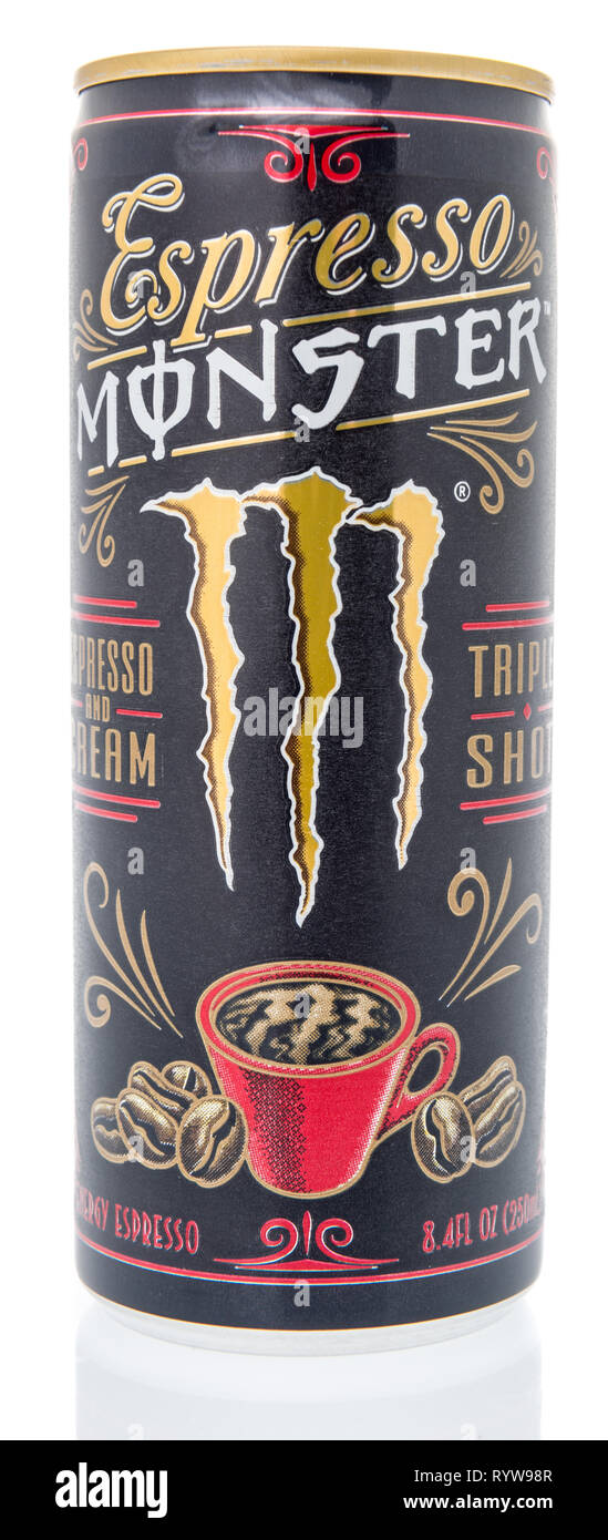 Winneconne, WI - 10 March 2019: A can of Expresso Monster triple shot coffee beverage on an isolated background Stock Photo