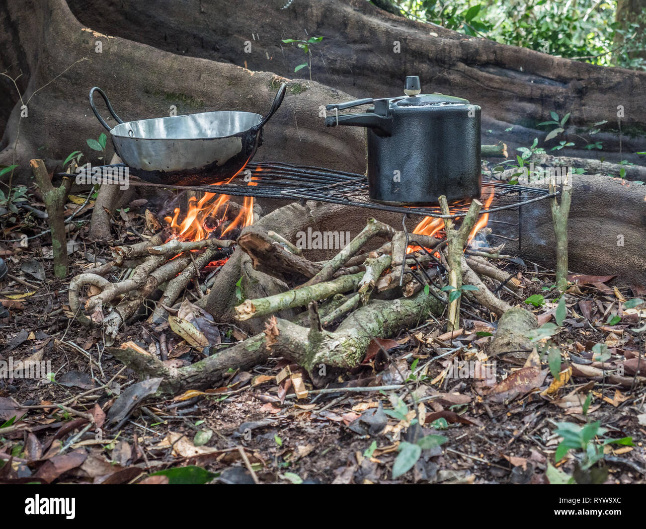 Lagoon, Brazil - November  27, 2017: Cooking on the fireplece on the camp in the amazons jungle Stock Photo