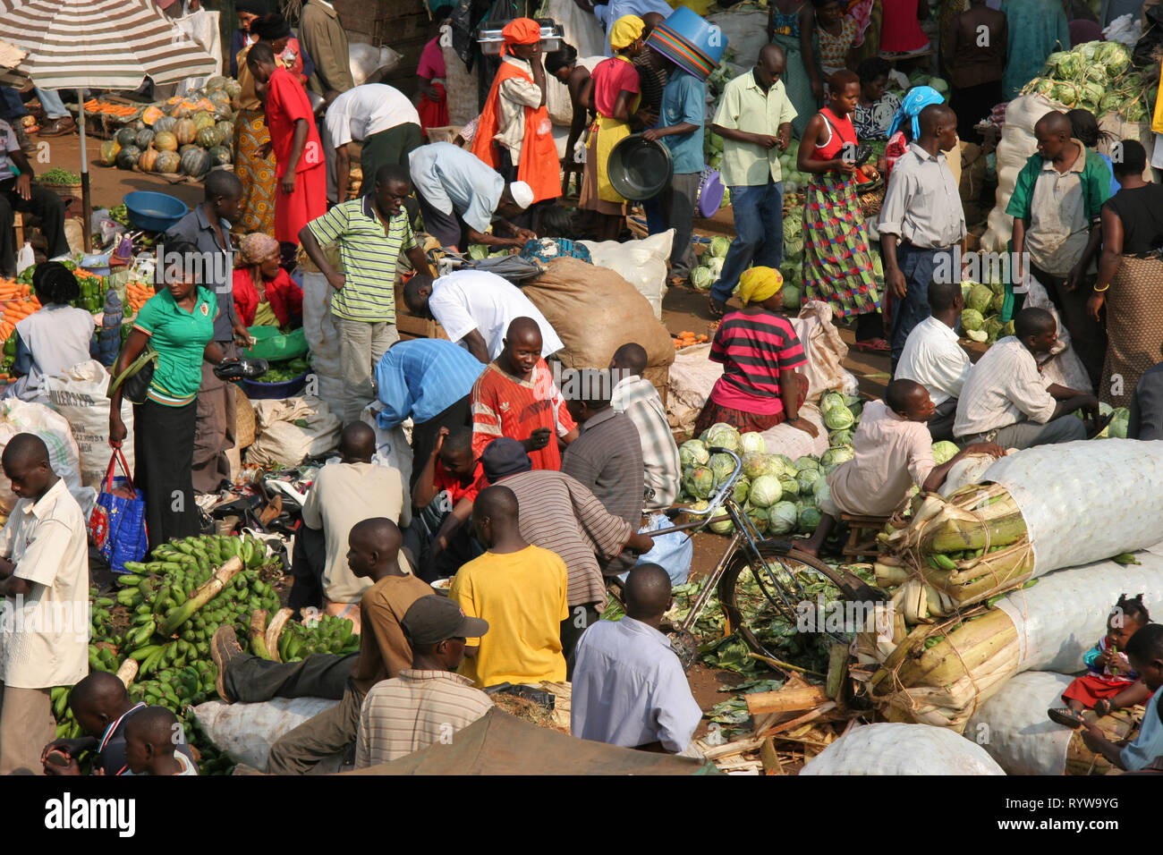 The fresh produce section of a bustling St Balikuddembe market, (commonly known as Owino market) in downtown Kampala, Uganda, East Africa. Stock Photo