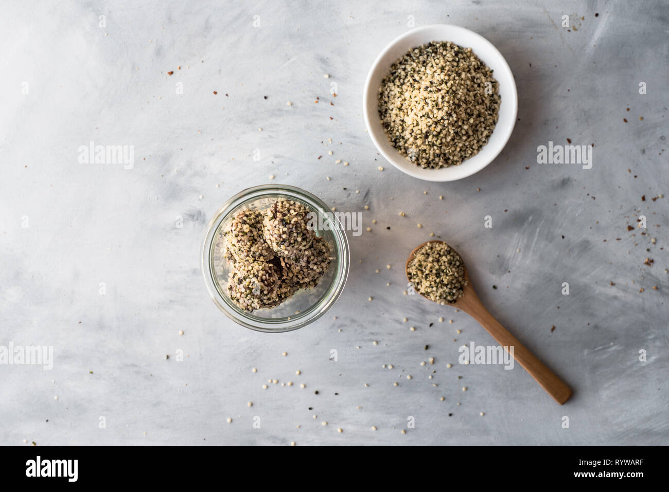 Hemp bliss balls in a glass and copy space Stock Photo