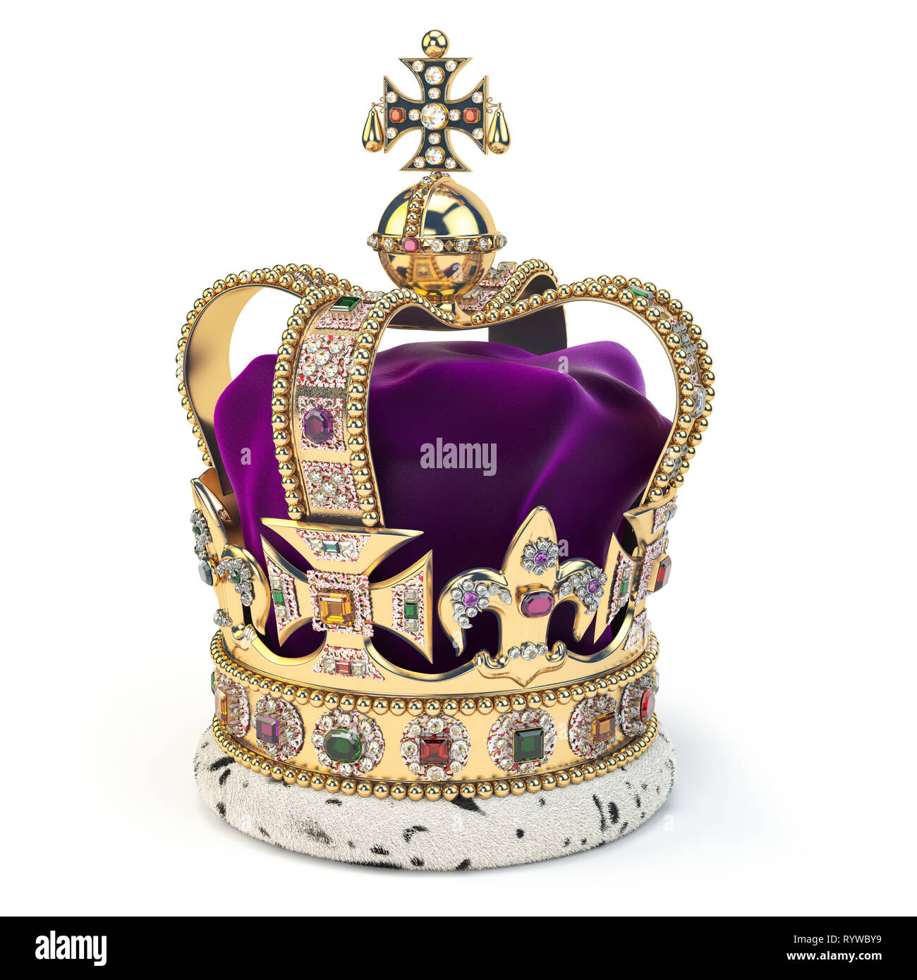 Golden crown with jewels isolated on white. English royal symbol of UK monarchy. 3d illustration Stock Photo
