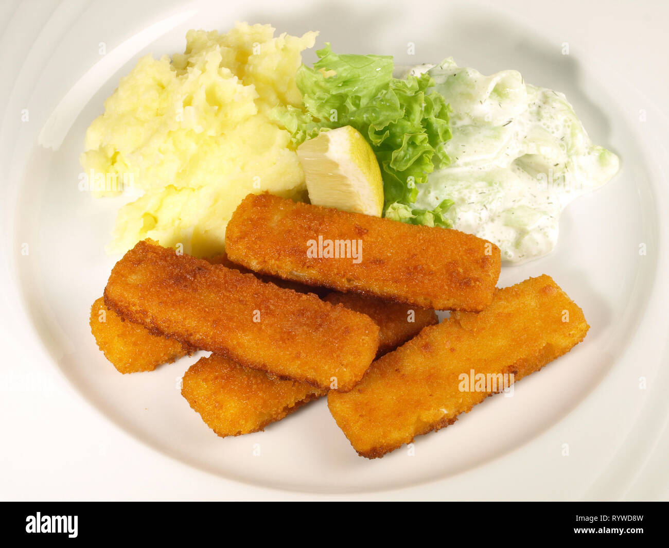 Fish Fingers with smashed Potato Stock Photo