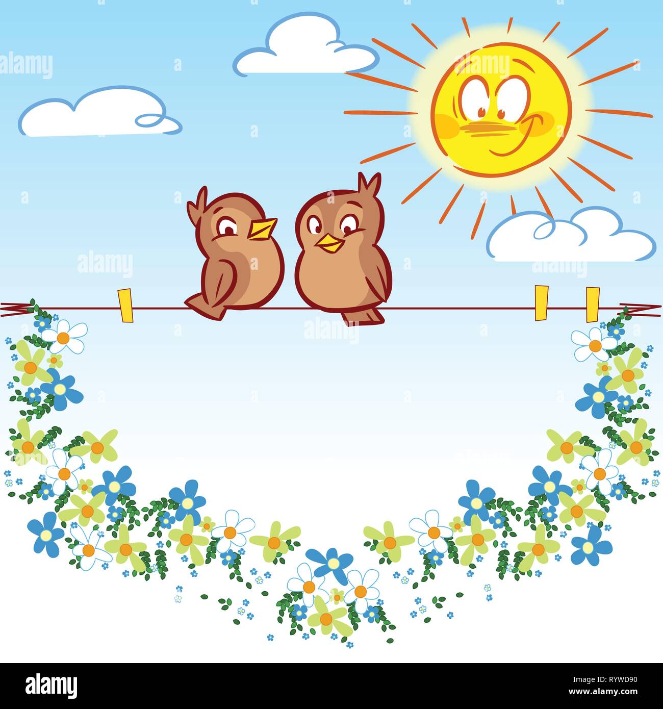 The illustration shows two funny sparrow on a background of the sky, the sun and the frame of summer flowers. Illustration used as a greeting card, th Stock Vector