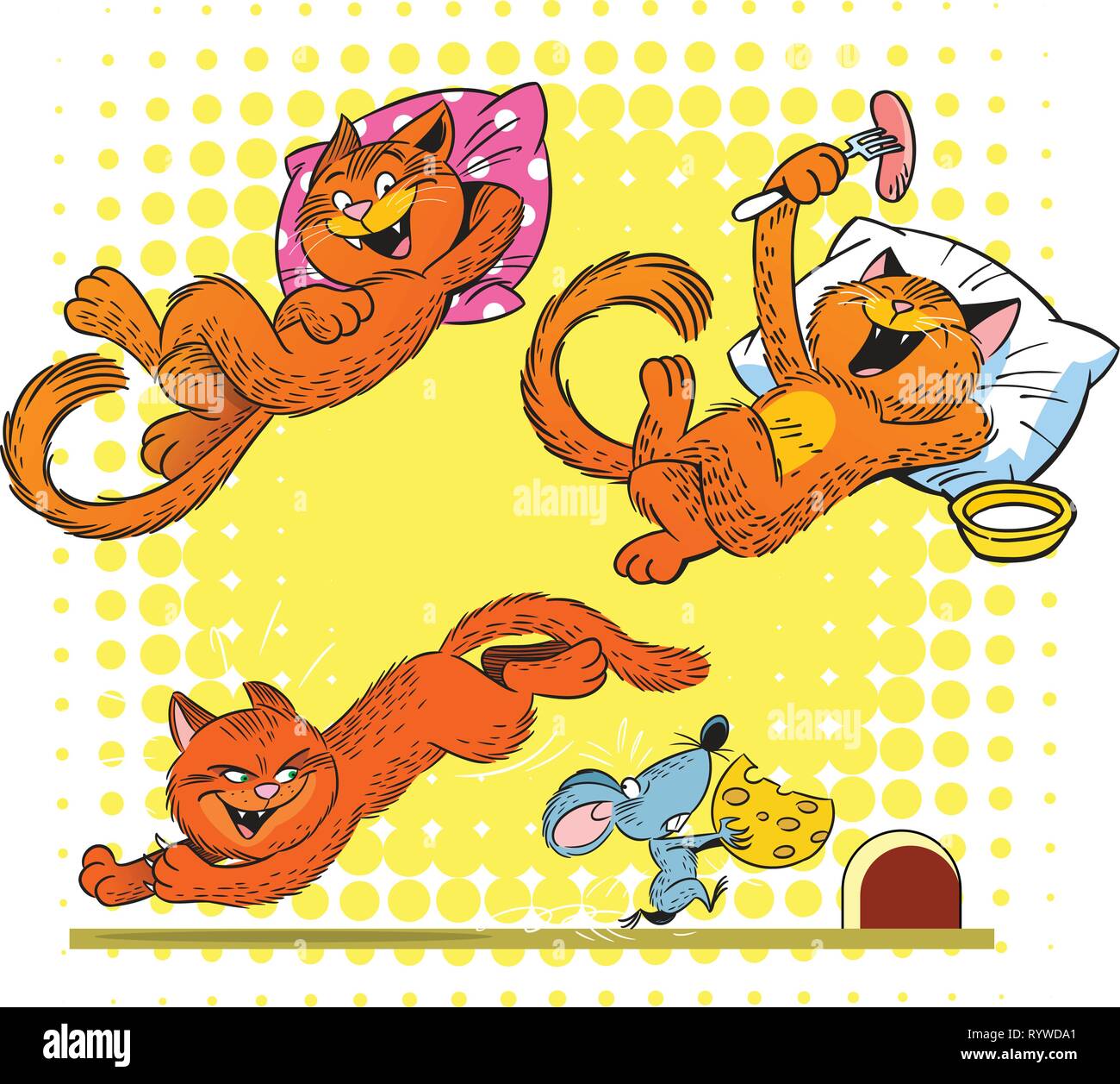 The illustration shows a red cat in various poses and situations. Illustration done on separate layers. Stock Vector