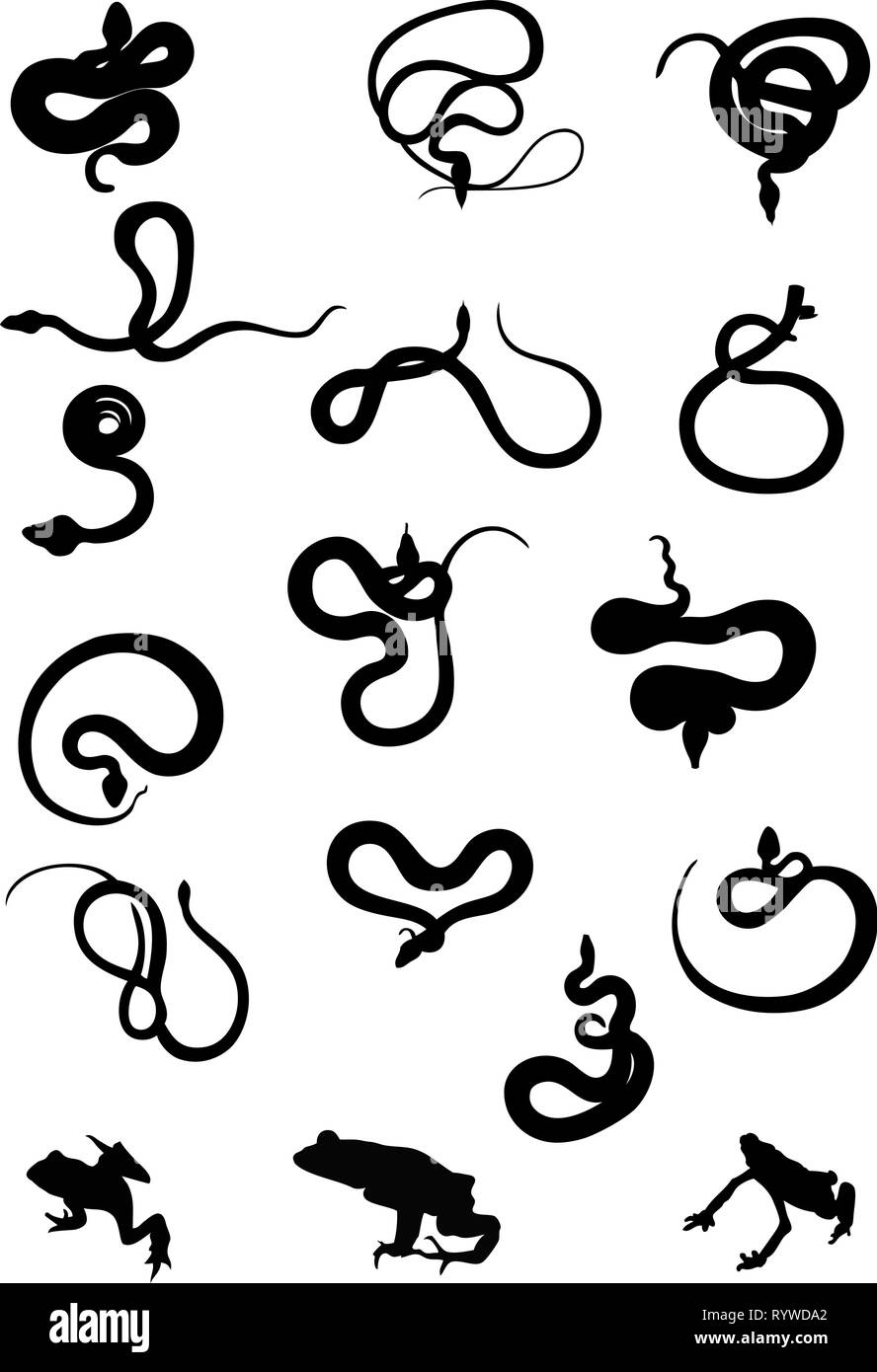 The illustration shows a set of silhouettes of different snakes in black color. Stock Vector