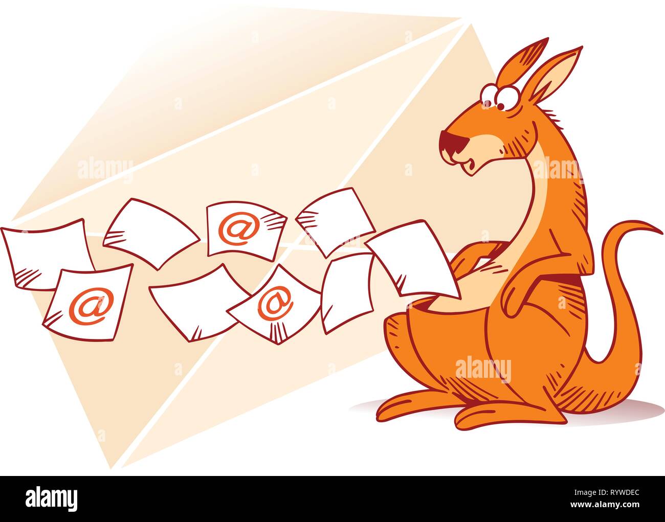 The illustration shows a kangaroo that collects e-mails in a bag. In the background shows a paper envelope. Illustration done in cartoon style Stock Vector