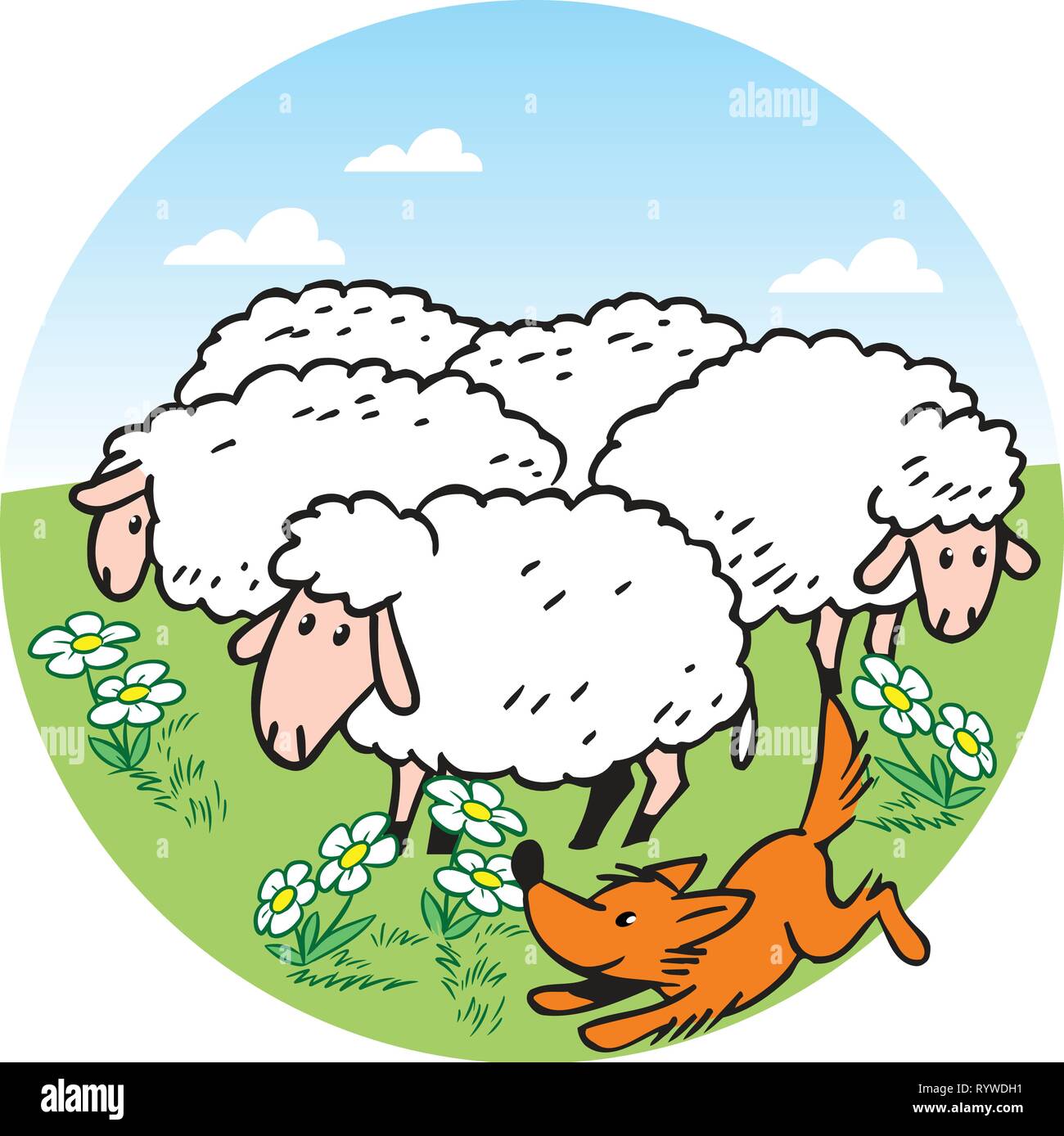 The illustration shows a flock of sheep that graze on a green meadow. Shepherd dog runs near the herd. Illustration done in cartoon style, on separate Stock Vector