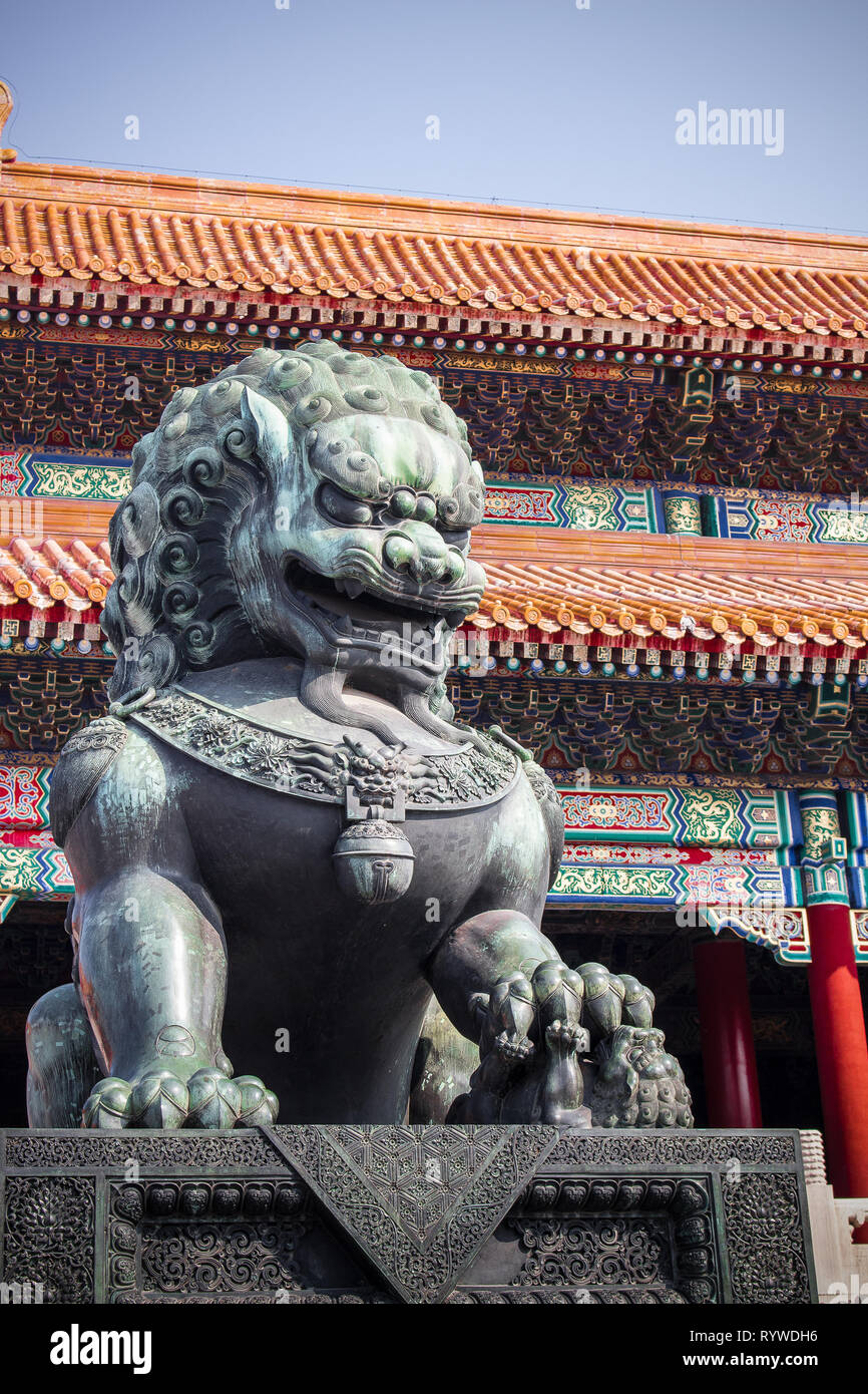 statue of chinese guardian lion forbidden city beijing china (palace museum) Stock Photo