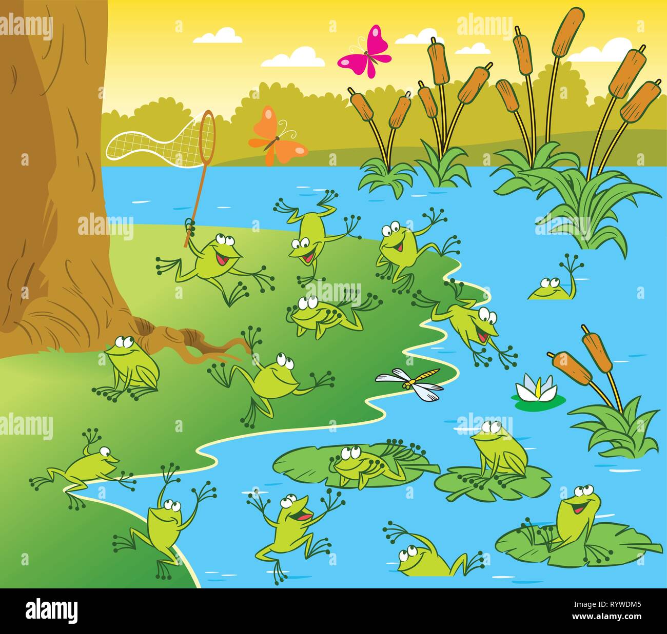 The illustration shows a pond with frogs on a sunny summer day. Picture made in cartoon style Stock Vector