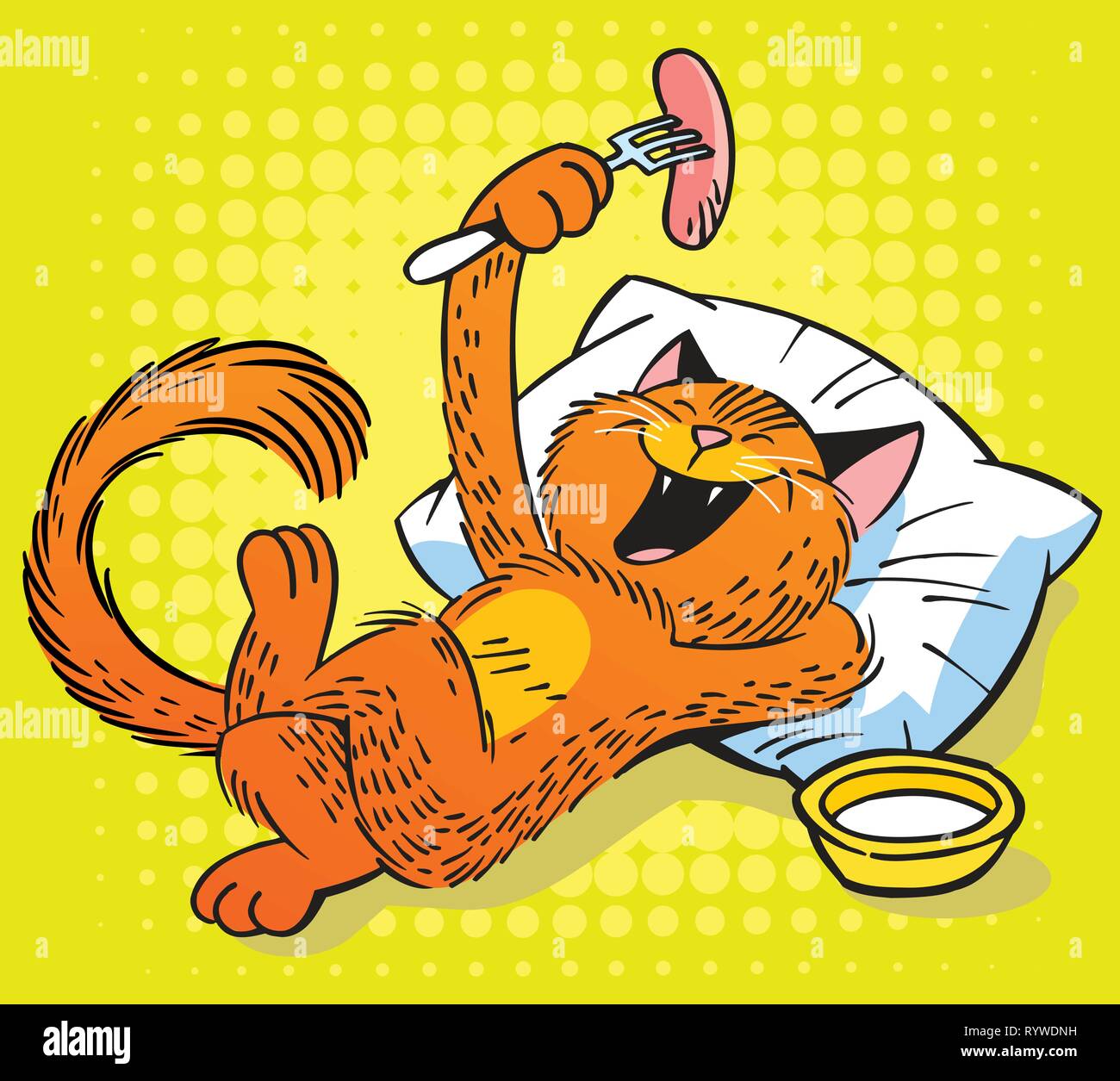 In vector illustration, a funny red cat eats a sausage from a fork. Illustration in cartoon style. Stock Vector