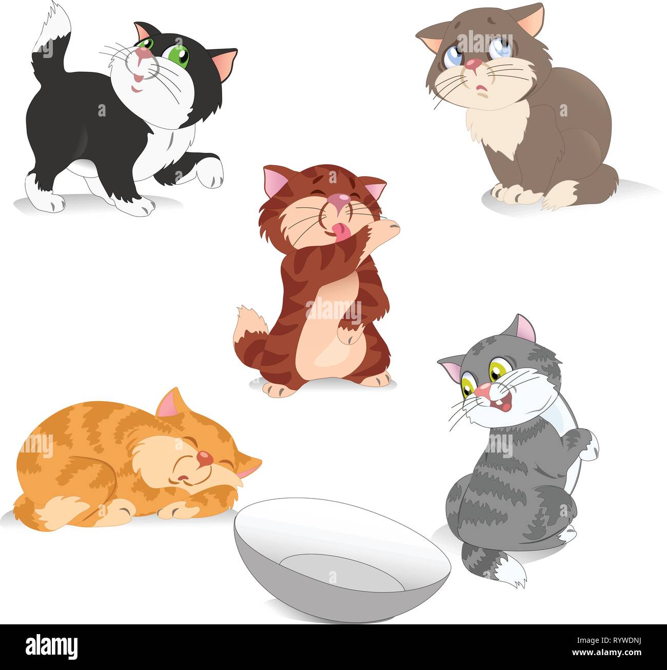 On vector illustration set of funny cartoon kittens in different poses isolated on white background Stock Vector