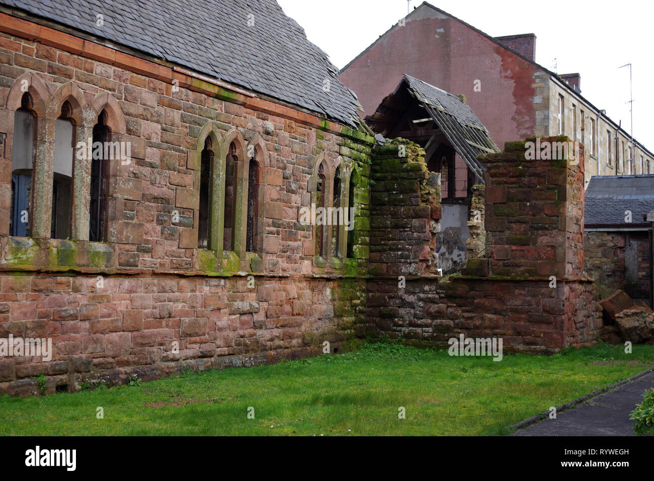 St Columba's Episcopal Church on Glasgow Road, Clydebank. It has been left to nature and vandals