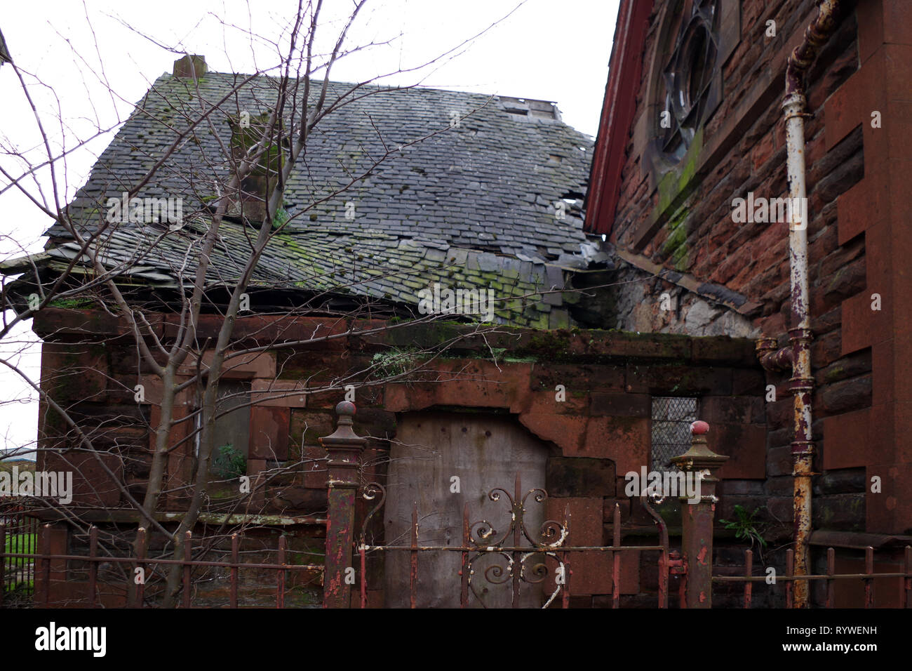 St Columba's Episcopal Church on Glasgow Road, Clydebank. It has been left to nature and vandals