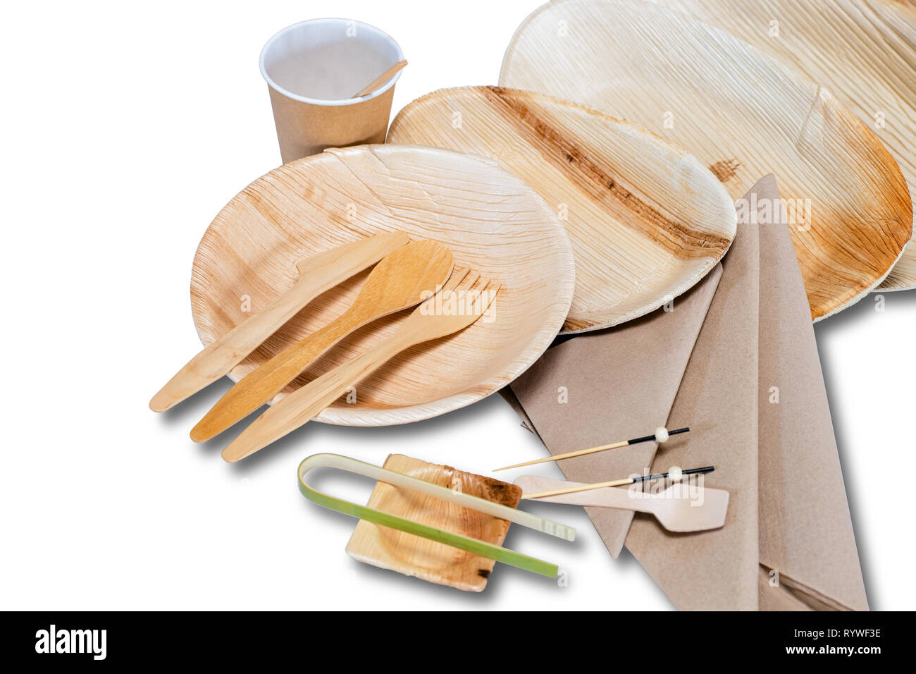 Bamboo disposable tableware with plates and cutlery for picnic on the white background Stock