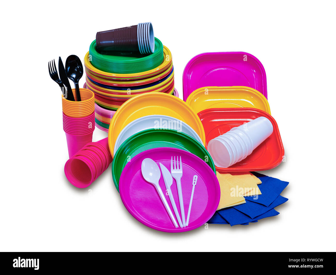 Plastic disposable tableware and plates and cutlery for picnic on the