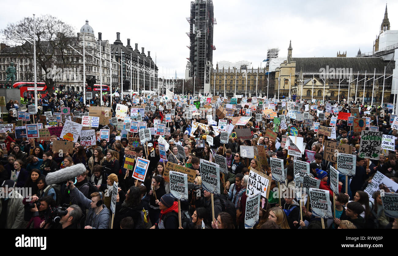 Students take part in a global school strike for climate change in Parliament Square, London, as protests are planned in 100 towns and cities in the UK. Stock Photo