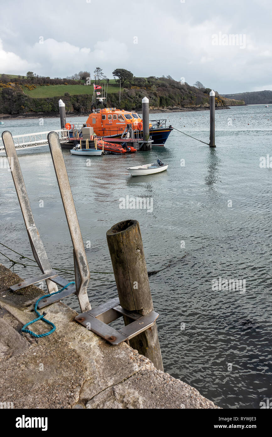 The Salcolmbe, Devon Lifeboat sits on a mooring waiting for a call out. It is an RLNI (Royal National Lifeboat Institution) boat manned by volunteers. Stock Photo