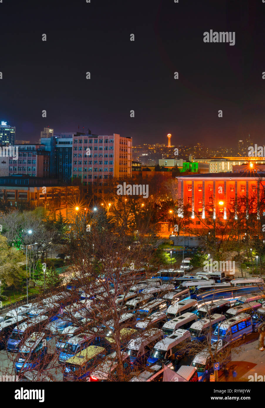 Ankara/Turkey-March 10 2019:  Aerial view of Guven Park with dolmus and Atakule in background in the night Stock Photo