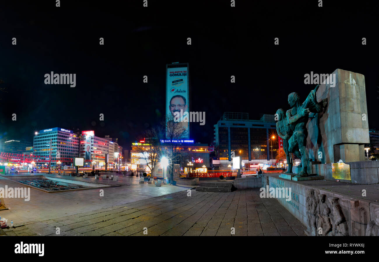Ankara/Turkey-March 10 2019:  Panoramic view of Kizilay square, monument and skyscraper in the night Stock Photo
