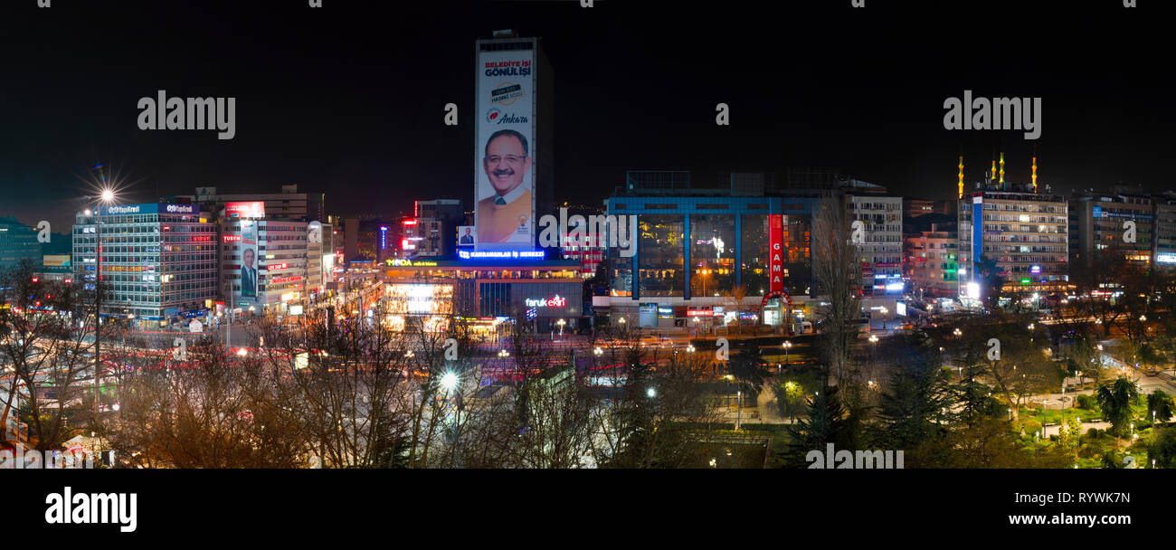 Ankara/Turkey-March 10 2019:  Panoramic view of Kizilay square, Guven Park and skyscraper in the night Stock Photo