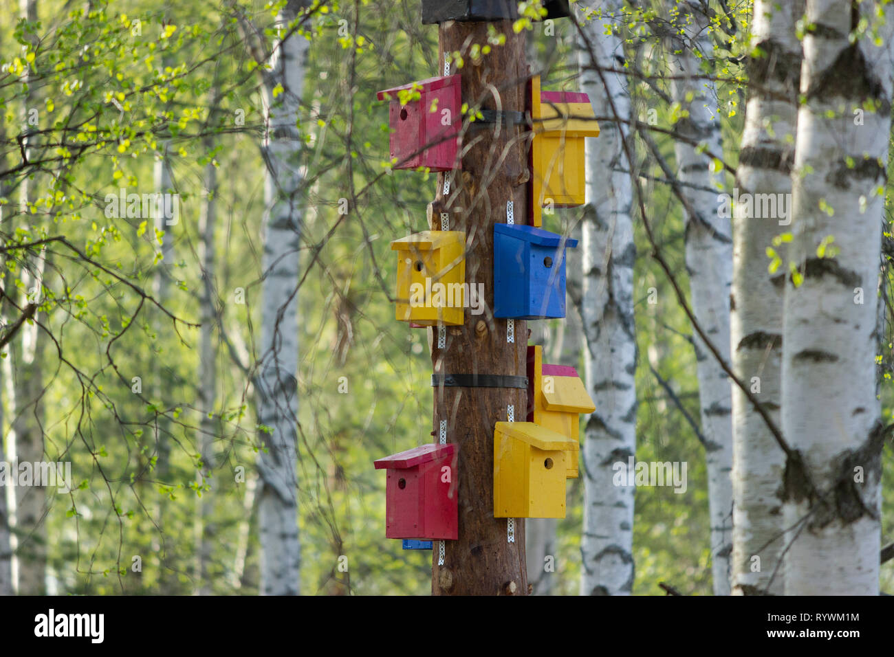 Bird houses art installation in Knivsta's park Stock Photo