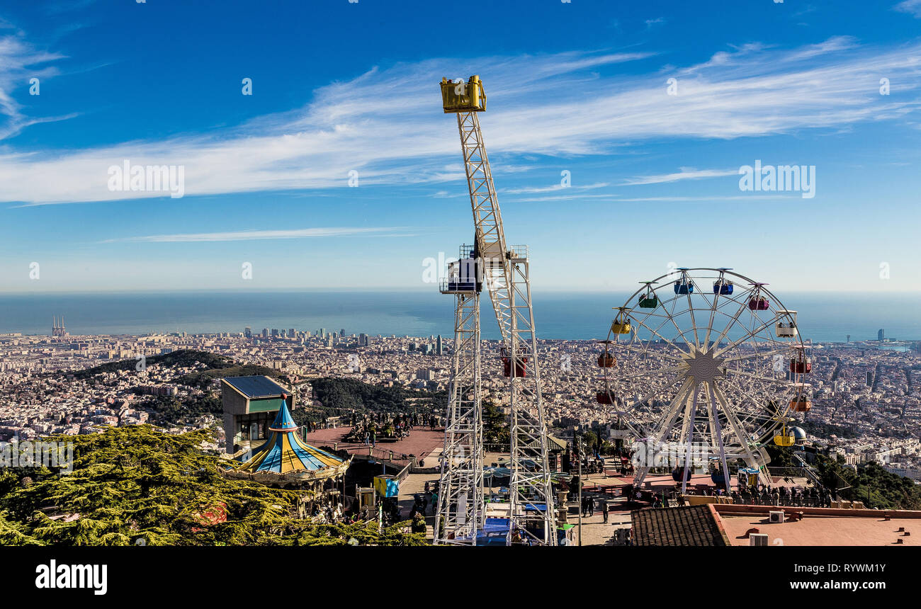 Tibidabo Theme Park Panorama Barcelona Spain Europe. Stock Photo