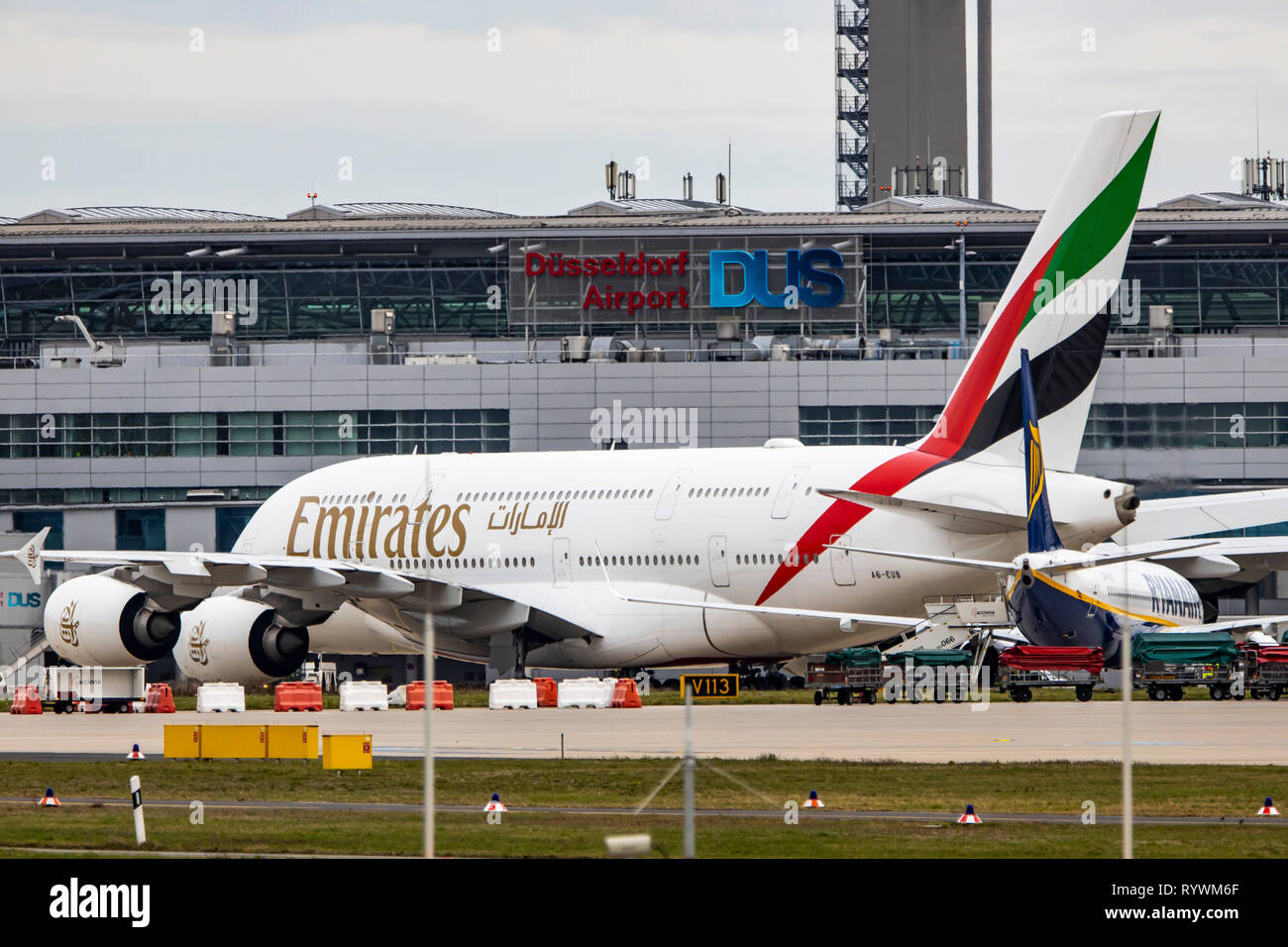 Dusseldorf International Airport, DUS, Emirates Airbus A380-800 after landing, taxiway, Stock Photo