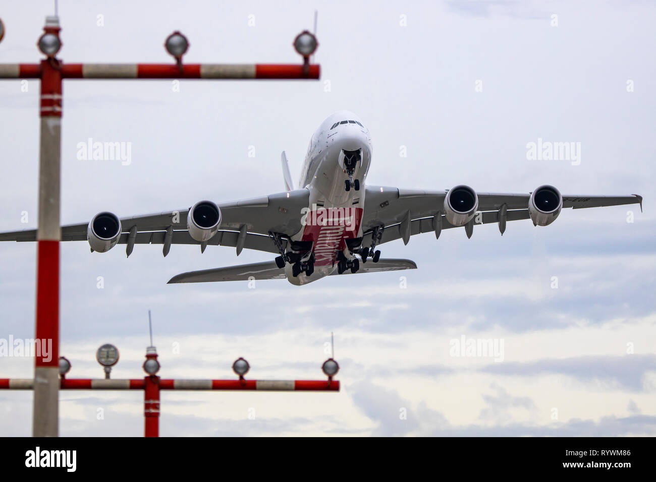 Dusseldorf International Airport, DUS, Emirates Airbus A380-800 at take-off, Stock Photo