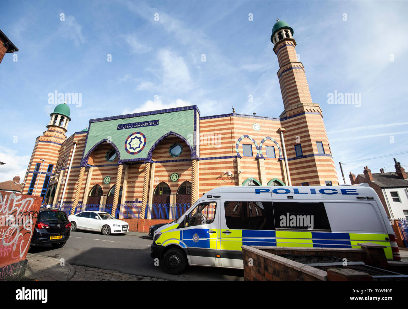 A police van parks outside Makkah Mosque in Leeds to reassure worshipers, following the Christchurch mosque attacks in New Zealand. Stock Photo