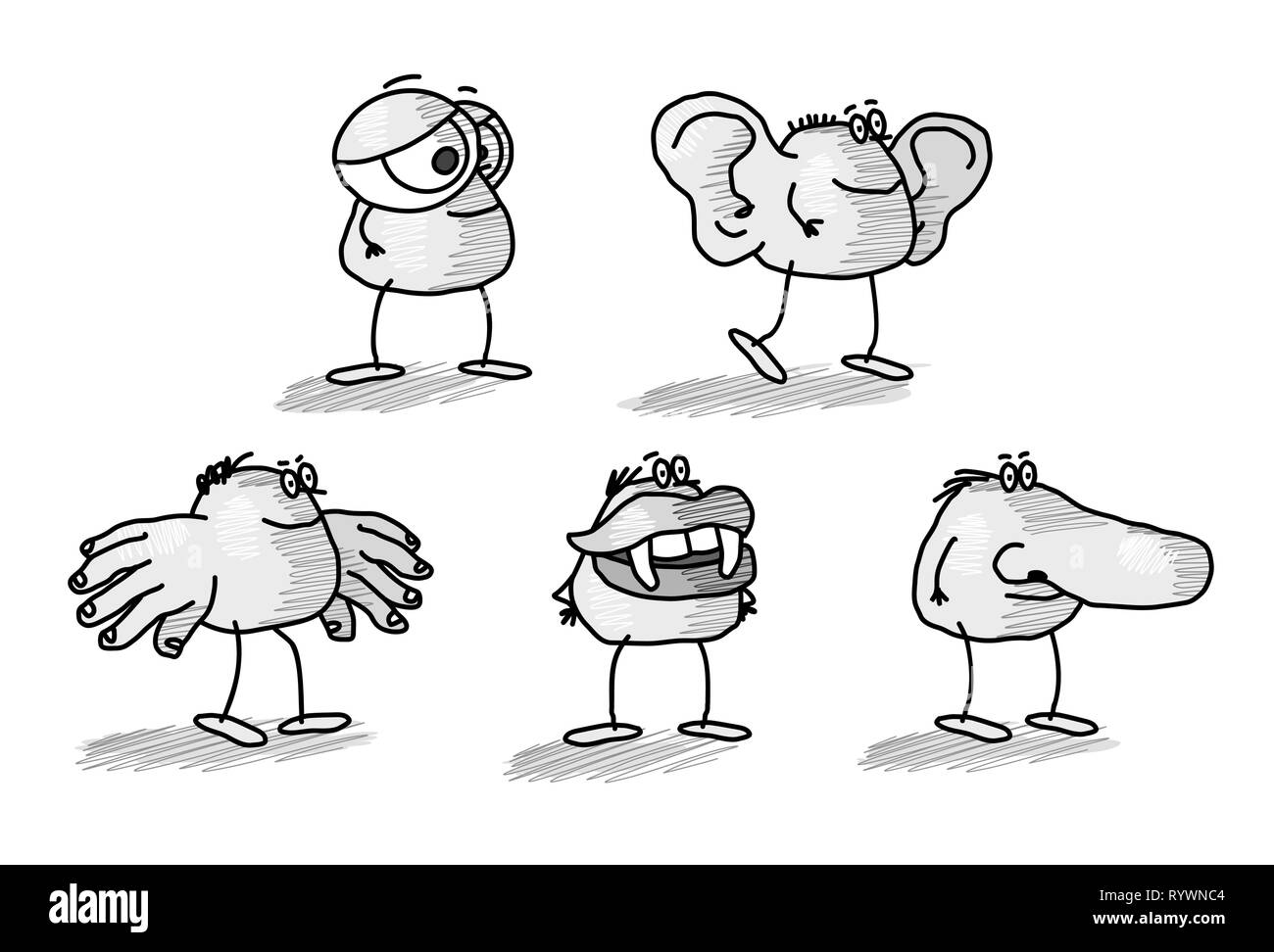 Five Senses funny  drawn Characters Stock Vector