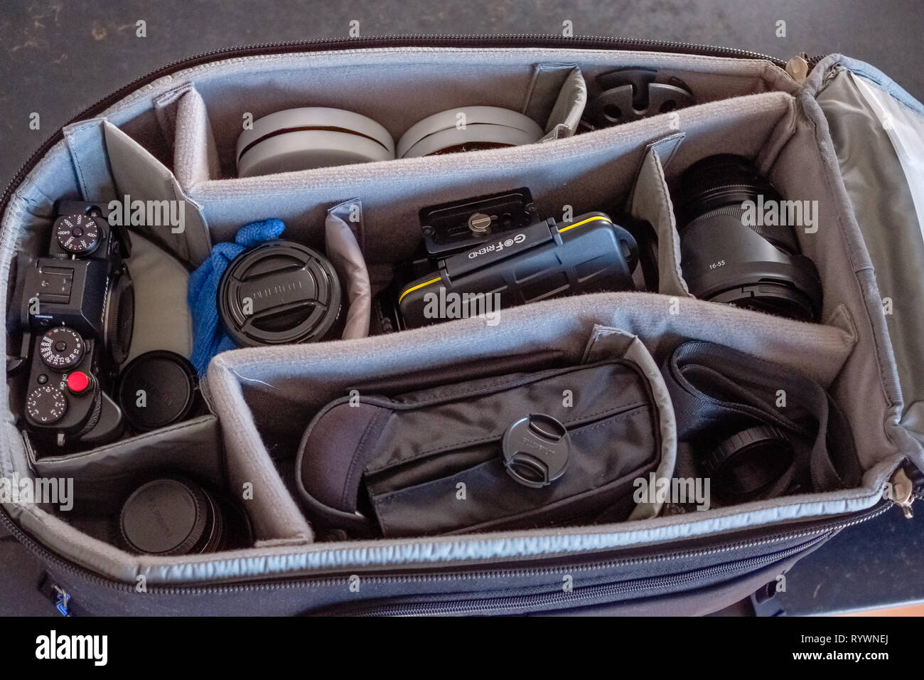 Thinktank camera bag packed with Fuji 