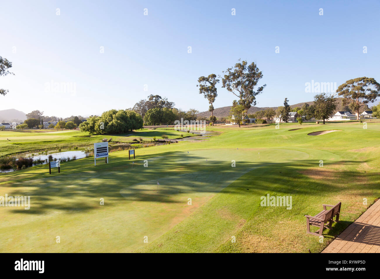 Scenic landscape view of the greens and fairways of the Robertson Golf Course,  Silwerstrand Golf Estate, Breede River Valley, Western Cape, South Afr Stock Photo