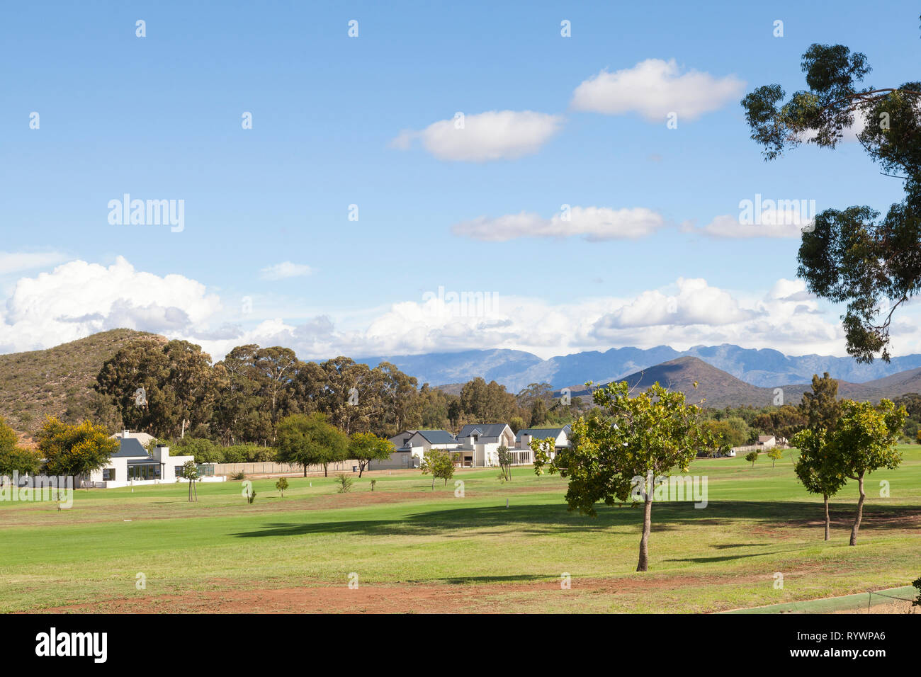 Scenic landscape view of the greens and fairways of the Robertson Golf Course,  Silwerstrand Golf Estate, Breede River Valley, Western Cape, South Afr Stock Photo
