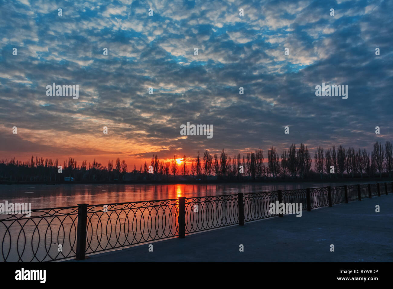 Bright colorful sunset landscape over the river and tree alley view