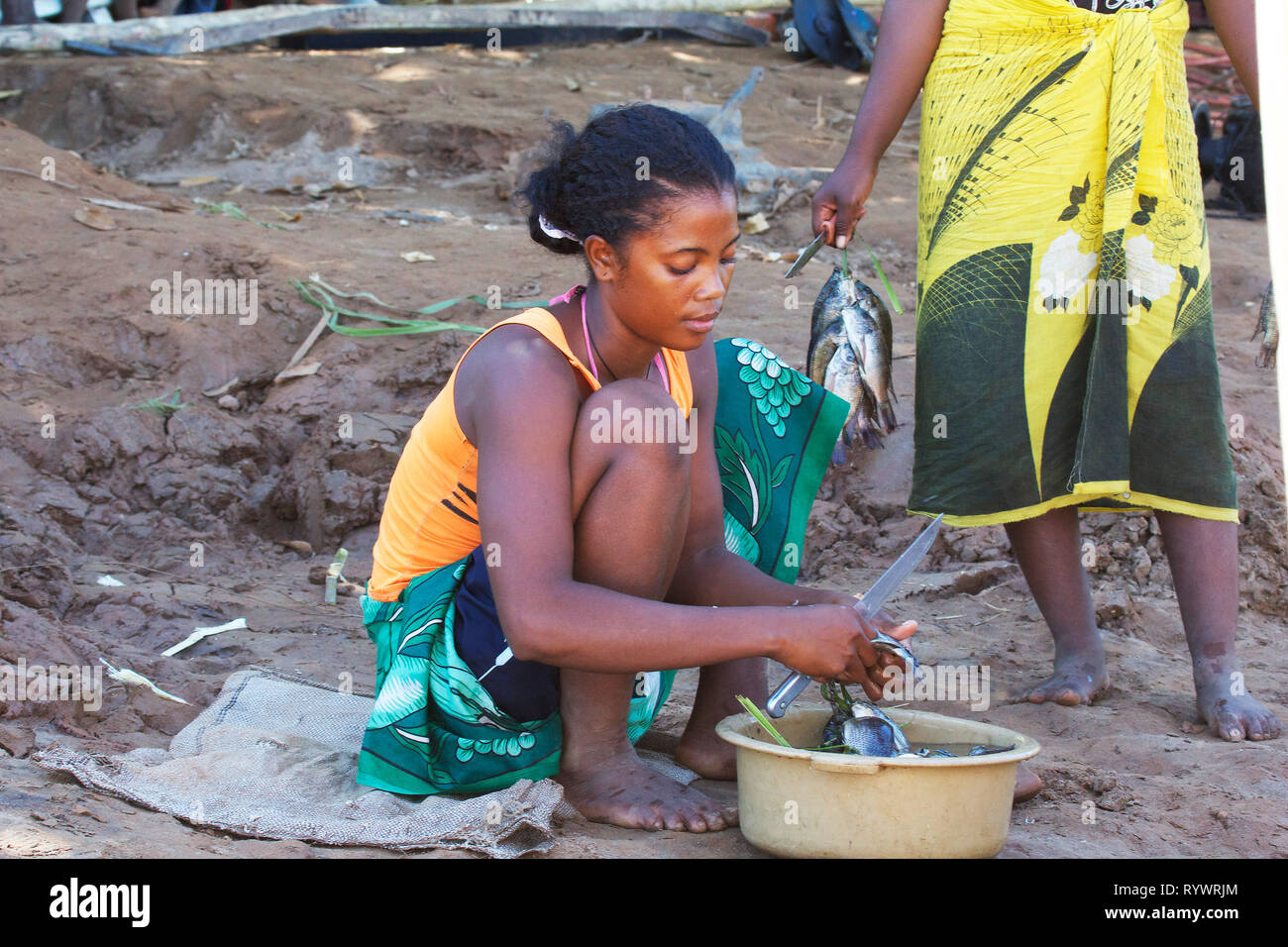 Pretty girl cleaning fish by Tsiribihina river, Madagascar Stock Photo