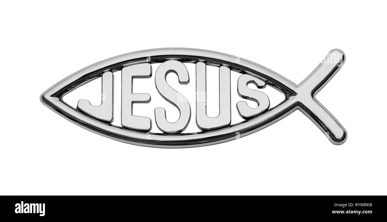 Chrome Jesus Fish Car Badge Isolated on White. Stock Photo