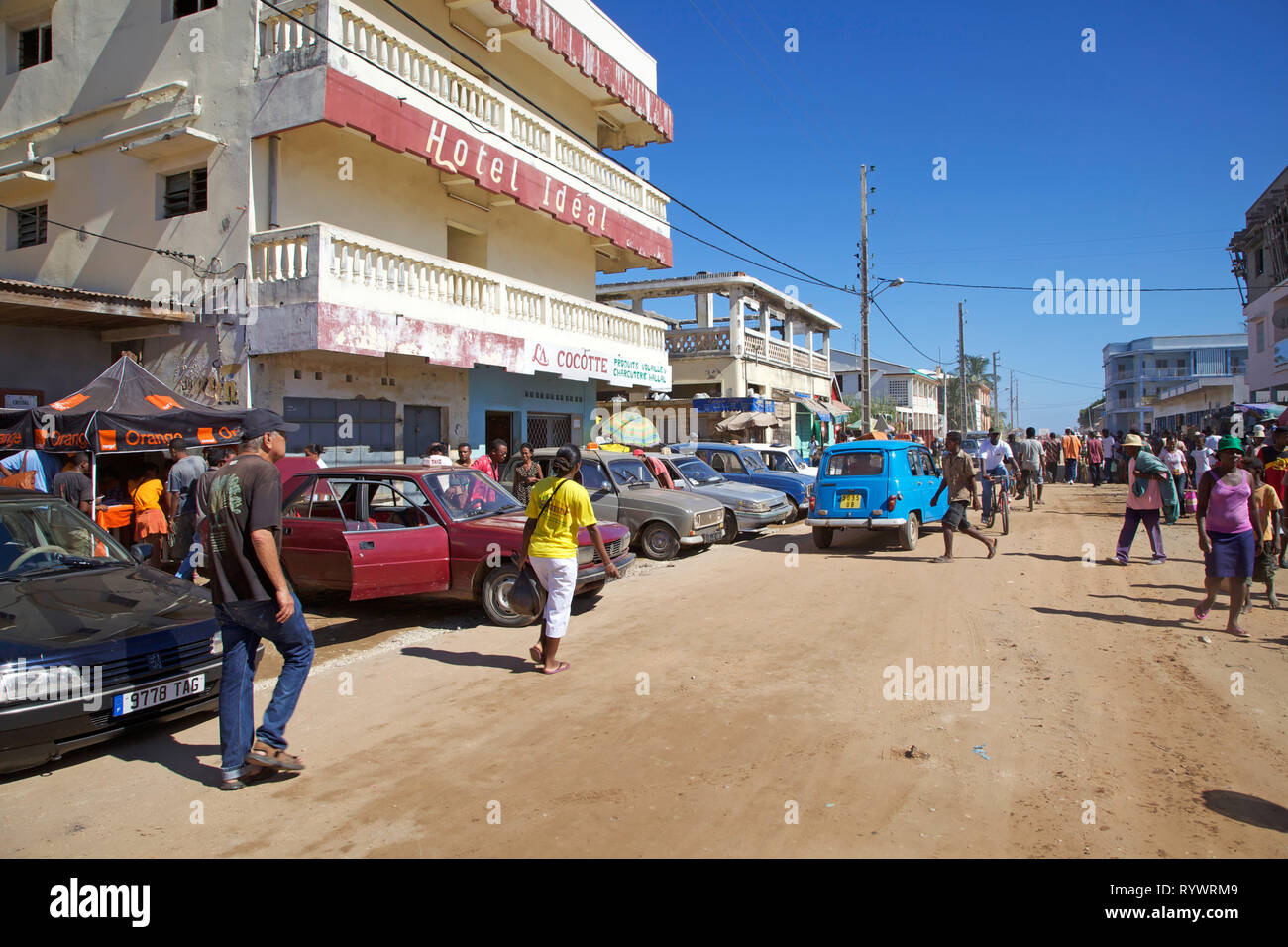 Street view of urban life in Morondava, West Madagascar. Stock Photo