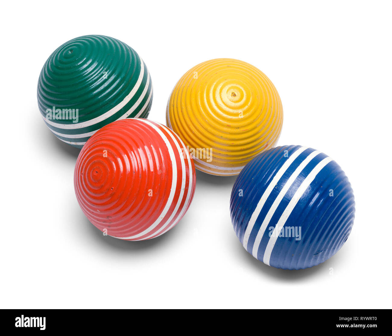 Four Croquet Balls Isolated on White Background. Stock Photo