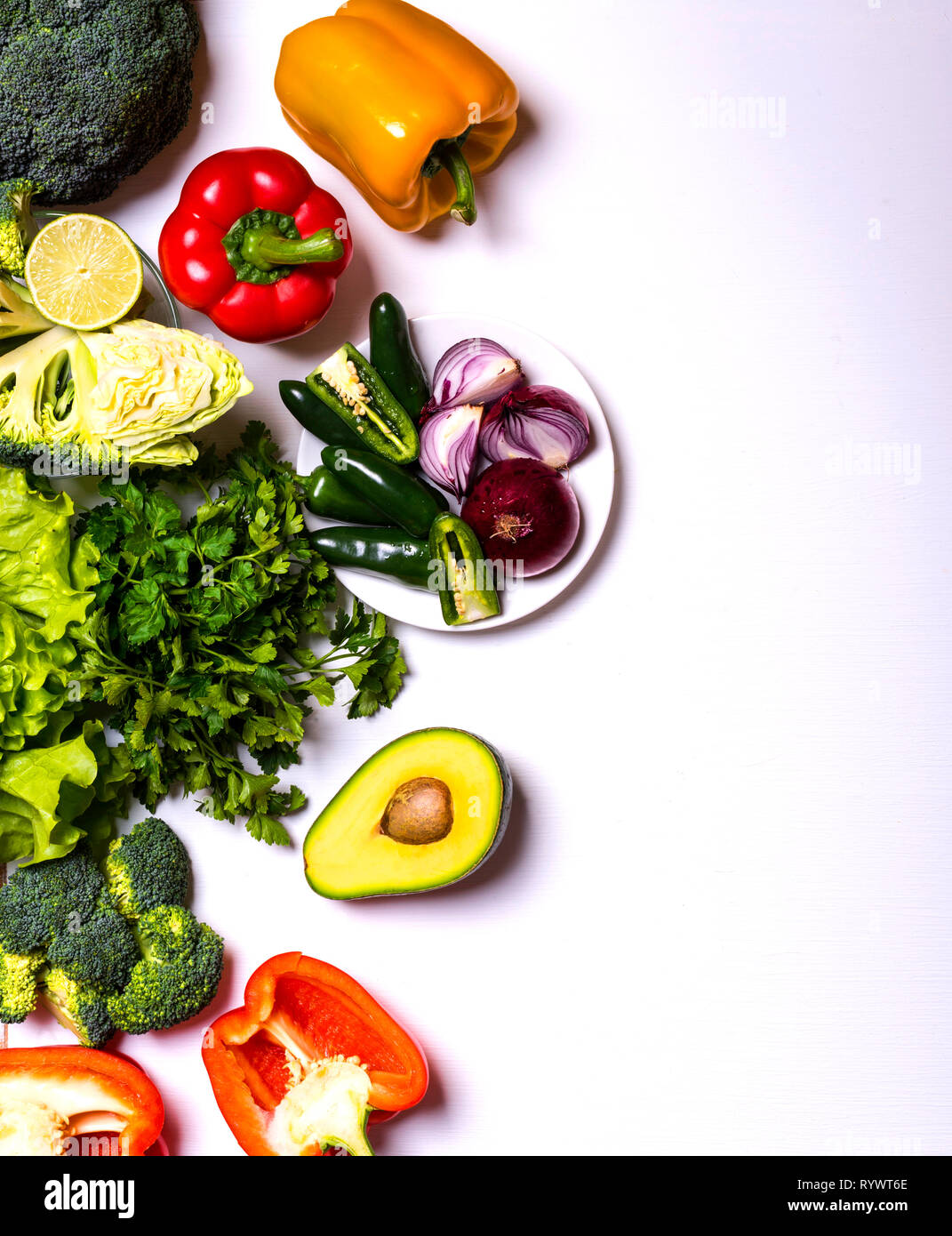 Healthy vegetables and fruits on white background. Detox diet ...