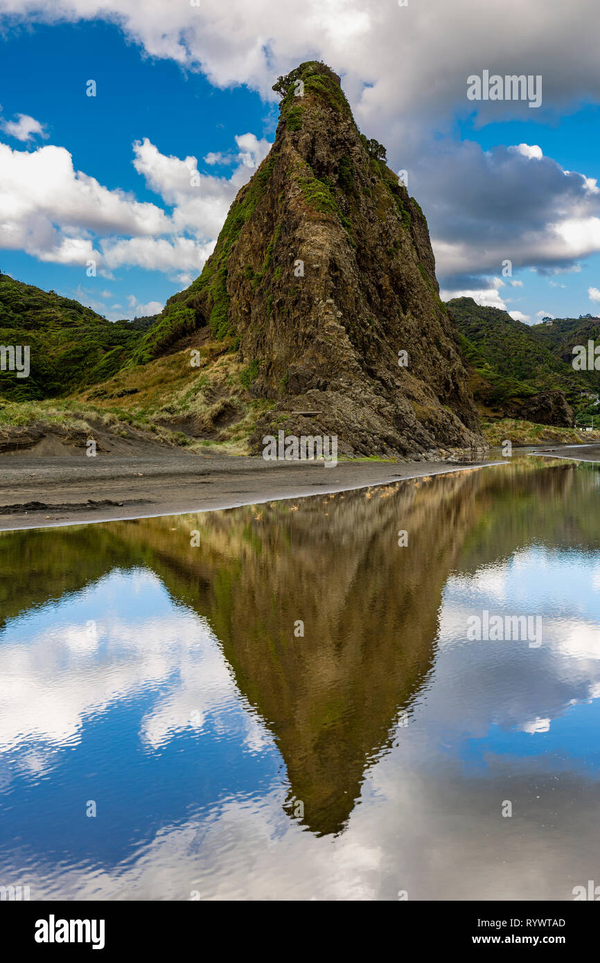sharp looking mountain mirrors in the water at KereKere Beach, New Zealand Stock Photo