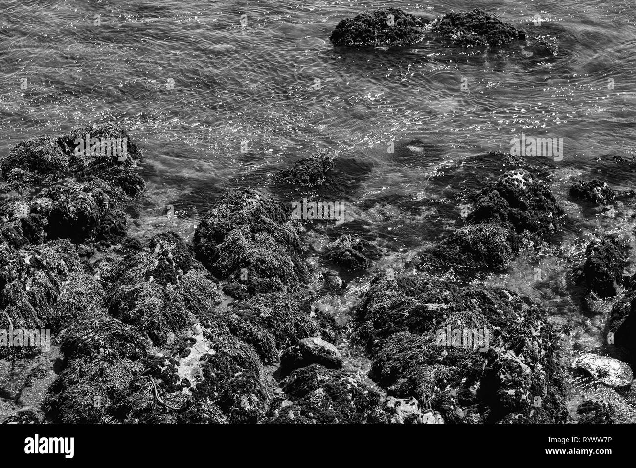Black and white, ocean and waves on rocky shore. Stock Photo