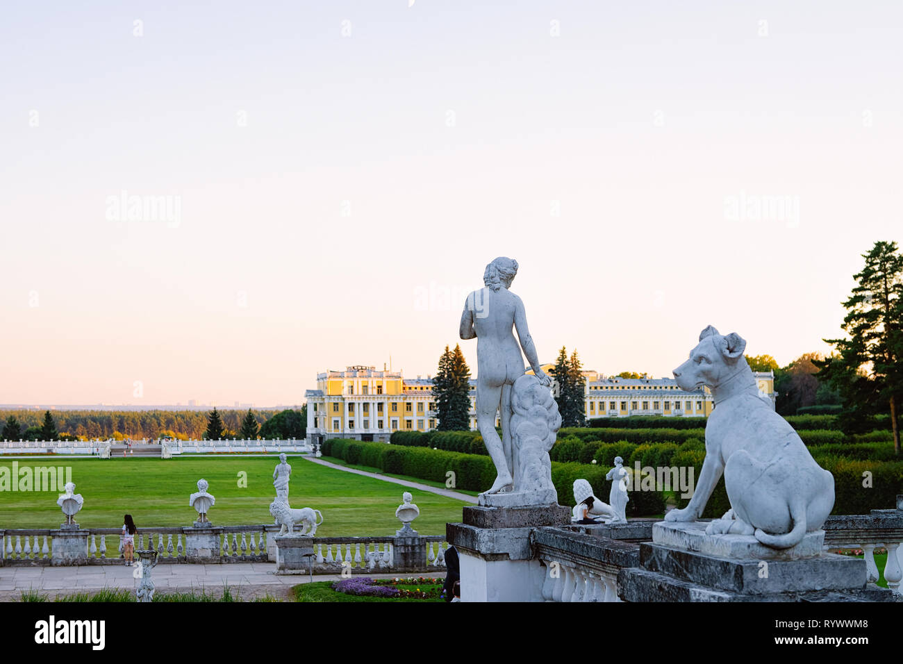 Moscow, Russia - August 22, 2015: Sculptures in Arkhangelskoye Palace and Park near Moscow in Russia in the evening. Stock Photo