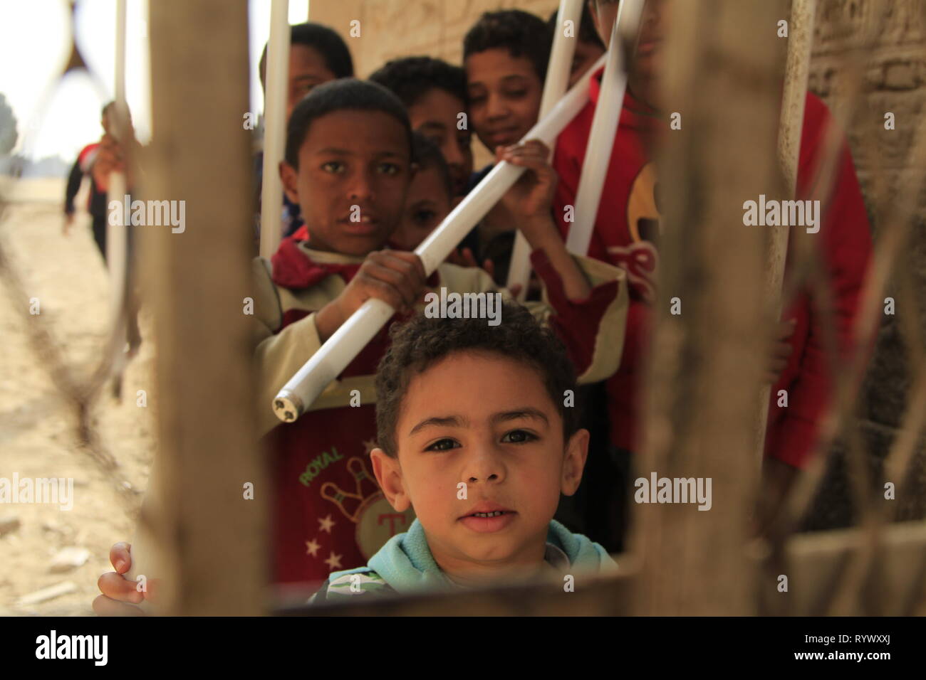 Egyptian children enjoying being photographed near the Karnak Temple Complex, Luxor, Egypt Stock Photo