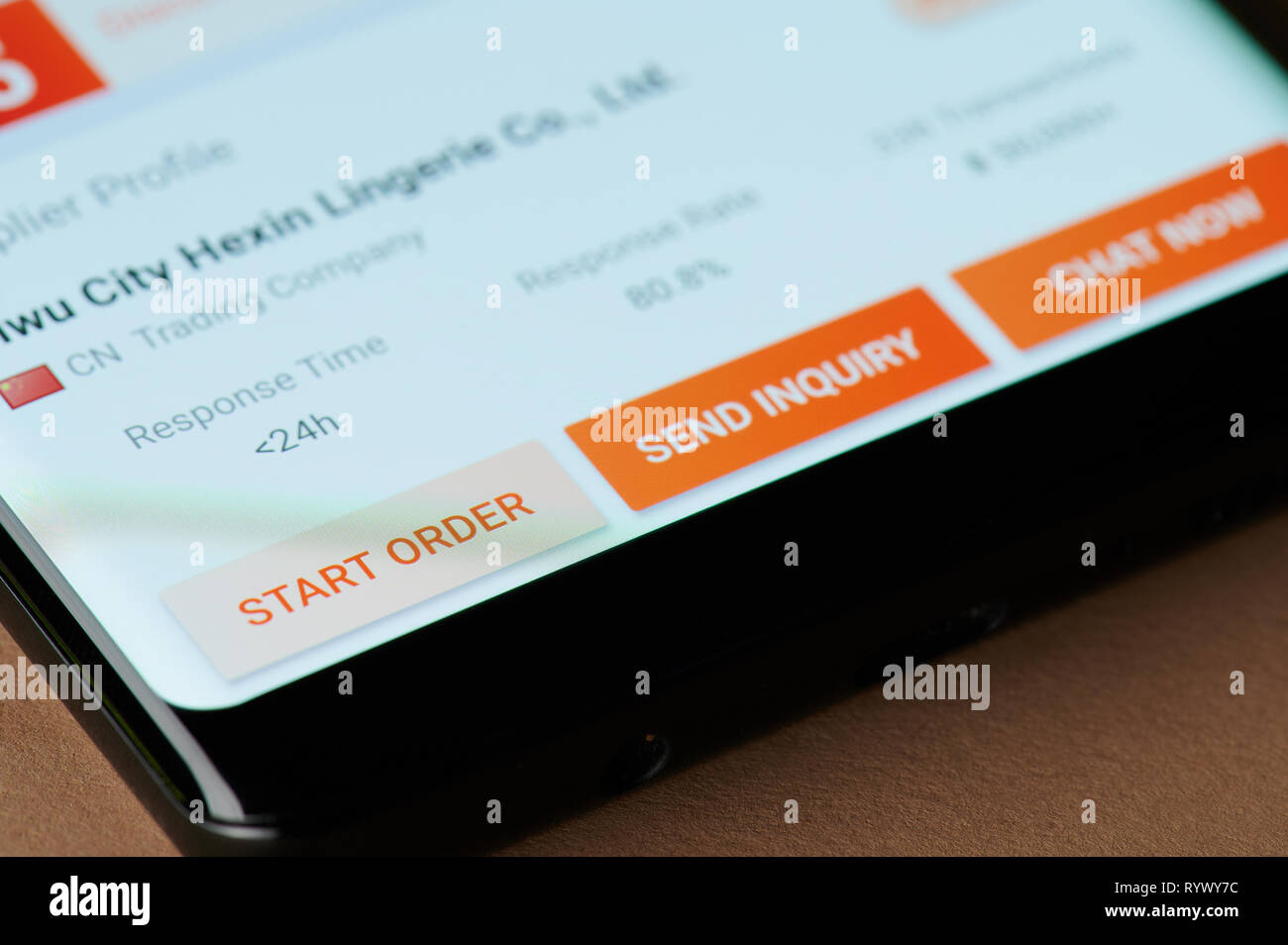 New york, USA - march 15, 2019: Start order in alibaba application on smartphone screen close up view Stock Photo